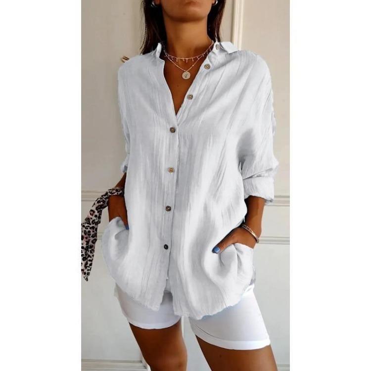 European Style Women Solid Pleated Shirt with Lapel and Roll Up Sleeves
