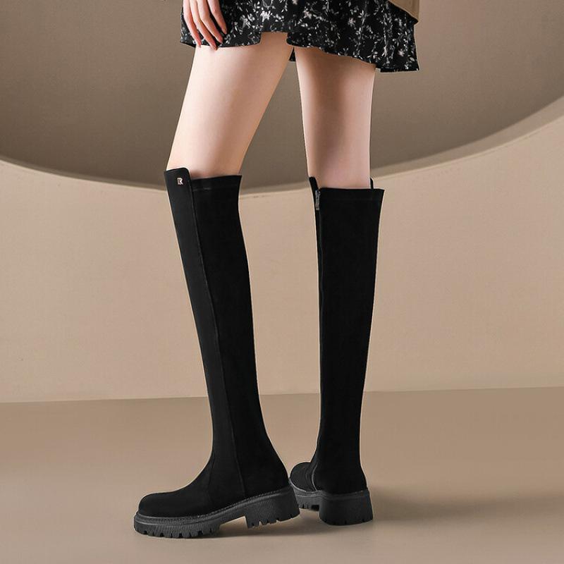 Neue europäische und amerikanische kniehohe Stiefel mit dicker Sohle und rutschfester Gummisohle für Damen in Übergröße, Herbst und Winter, runde Spitze, mittelhoher Absatz