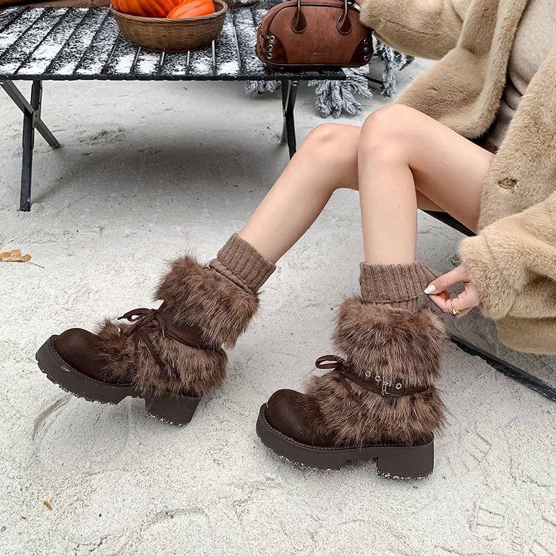 Short Boots Children Huge Good-Looking With Skirt Super Fire Thin Velvet Winter Thick Bottom Thick Heel Medium Tube Fluff