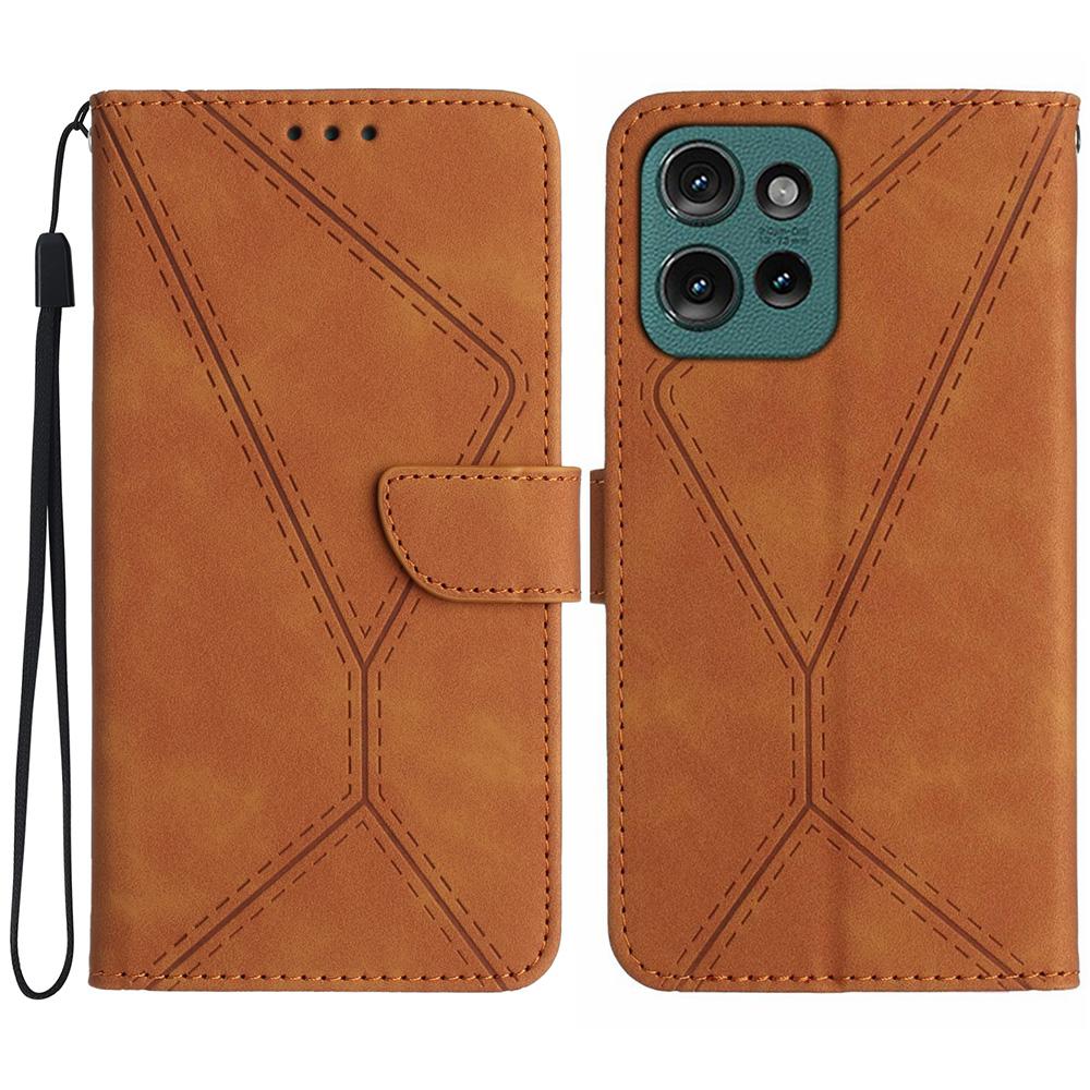 

HT05 For Motorola Edge 50 Neo 5G/Moto S50 5G/Thinkphone 25 5G Case Skin-Touch Lines PU Leather Flip Phone Cover Brown