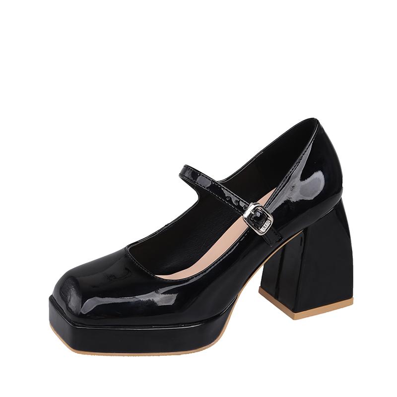 Fashion Women's 2025 Platform Pumps Square Toe Thick Heels Women's Patent High Heels Party Shoes Square Toe Square Heel