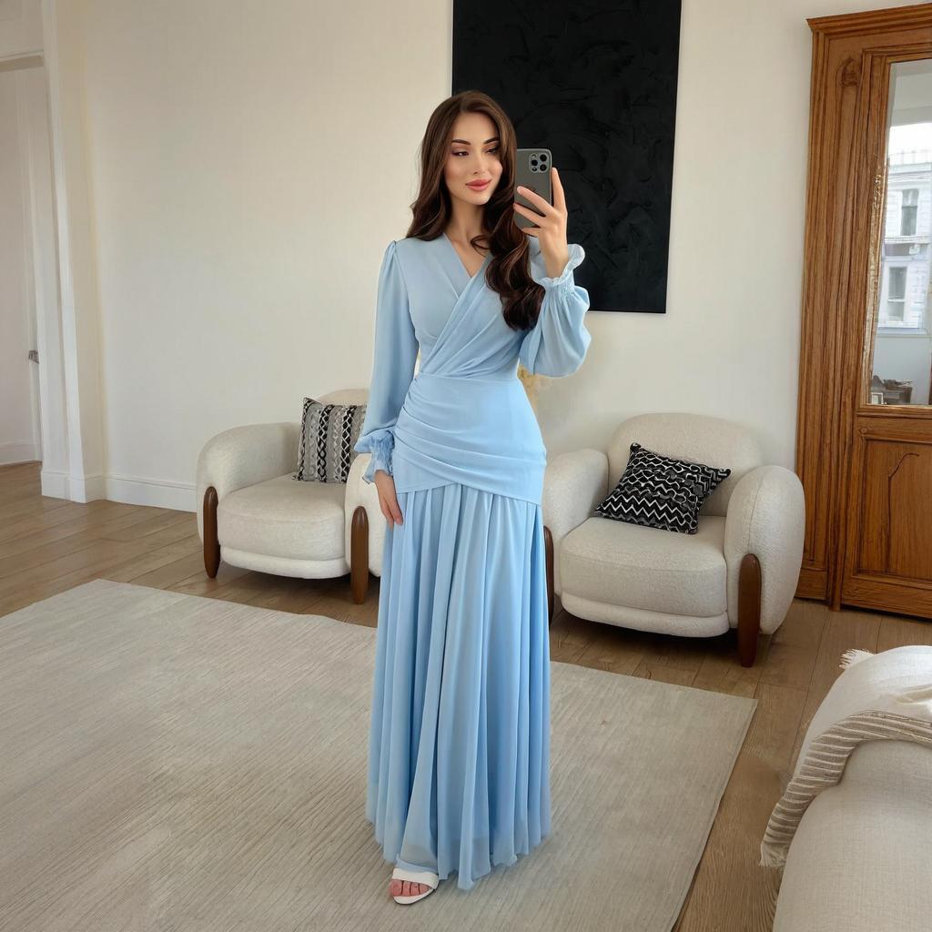 2025 Summer European & American Round Neck Bell Sleeve Slim Evening Dress for Women