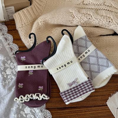 Female Spring and Autumn Sweet Flanging Bow Berry Purple Lattice Boneless Tube Pile Socks