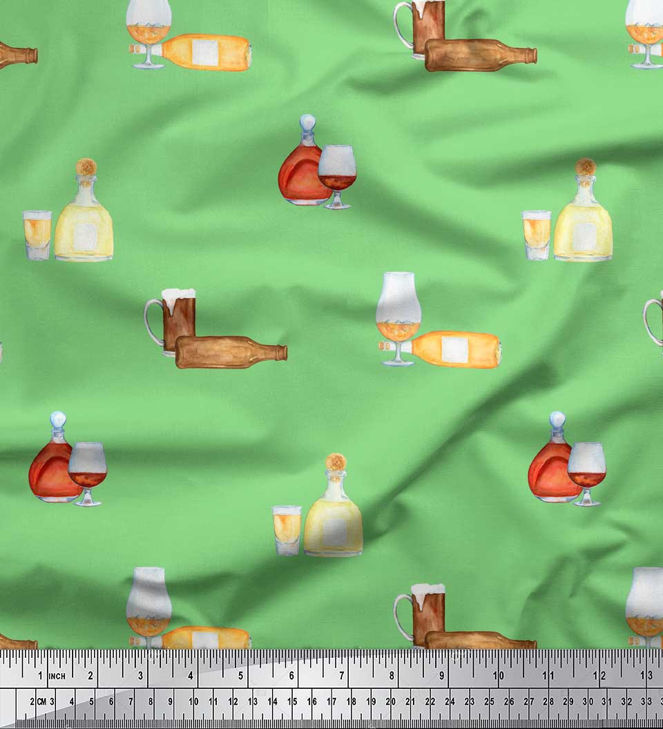 

Тканина Soimoi Black Poly Crepe Designer Bottle & Wine Glass Bar Print Тканина на метр 42 дюйма 42 Inch Wide - Cotton Voile зелений