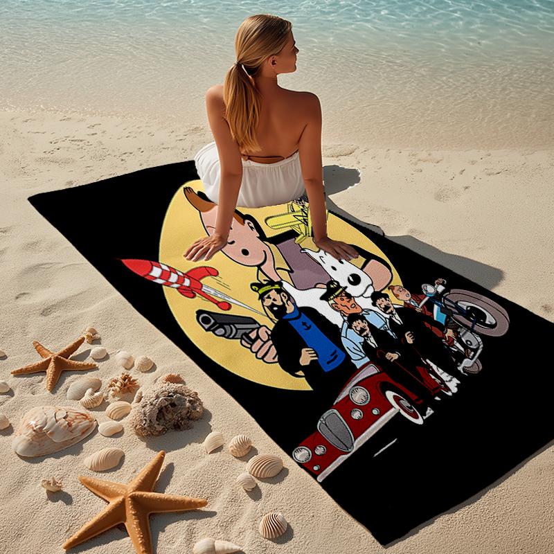 proof beach towel with a The Adventures of Tintin pattern - soft,absorbent,quick-drying,machine washable - perfect for swimming,camping,bathing