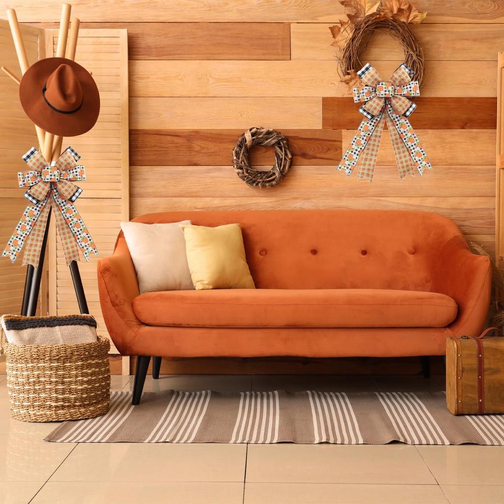 Fall Bows - Thanksgiving, Autumn Leaves, Buffalo Plaid & Burlap, White, Black, Orange - Front Door, Indoor/Outdoor Wall Decor - 10 Pack