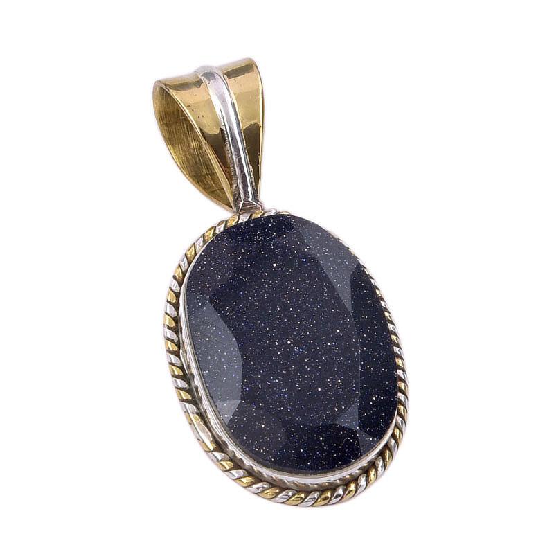 Natural Blue Sunstone 925 Solid Sterling Silver Gift TwoTone Pendant 1.50" I5U80