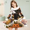 Girls Halloween Printed Dress Furry Trim High Neck Long Sleeve A Line Flared Hem
