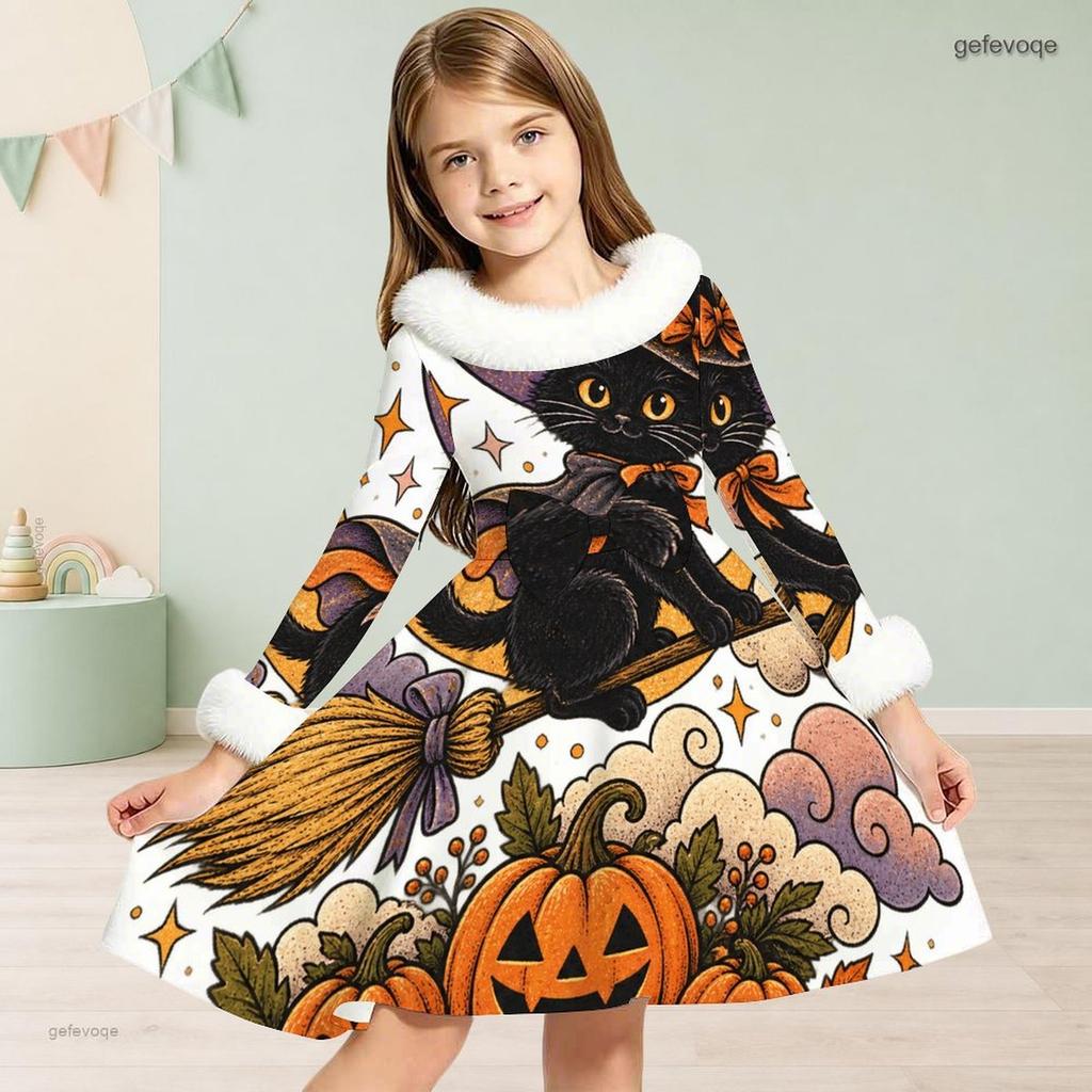 Girls Halloween Printed Dress Furry Trim High Neck Long Sleeve A Line Flared Hem