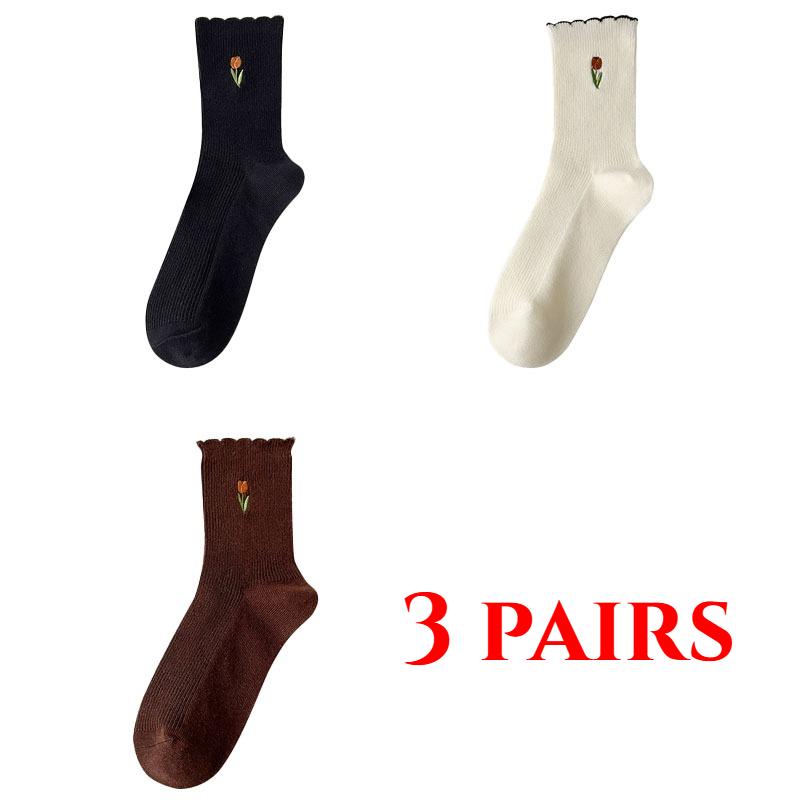 3 par Dame Høst Sokker Blomsterbroderi Japansk Kawaii Søte Sokker Koreansk Stil Ensfarvet Harajuku Vintage Crew Socks