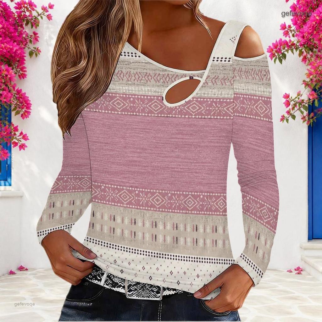 Women Plus Size Asymmetric Cutout Neck Cold Shoulder Long Sleeve Blue Printed Fitted Top