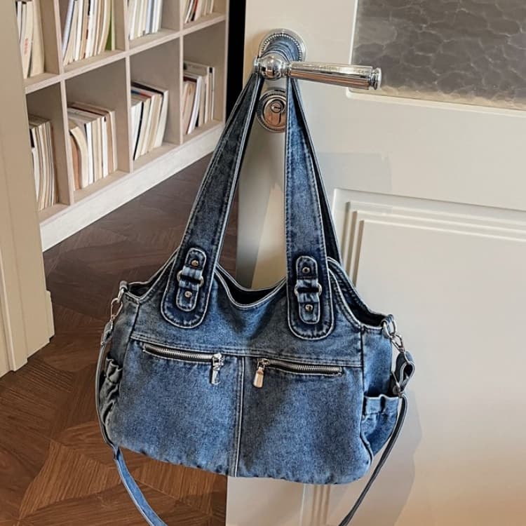Bolsa tote de brim lavado de grande capacidade bolsa de ombro feminina