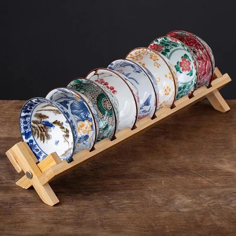 

8pcs Porcelain Tea Bowl Set, Douli Hat Cups with Bamboo Draining Rack, Chinese Kung Fu Tea Set C