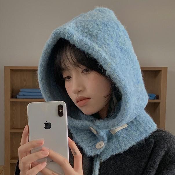 Women's Blue Knitted Wool Balaclava Scarf: Warm Ear Protection for Autumn & Winter