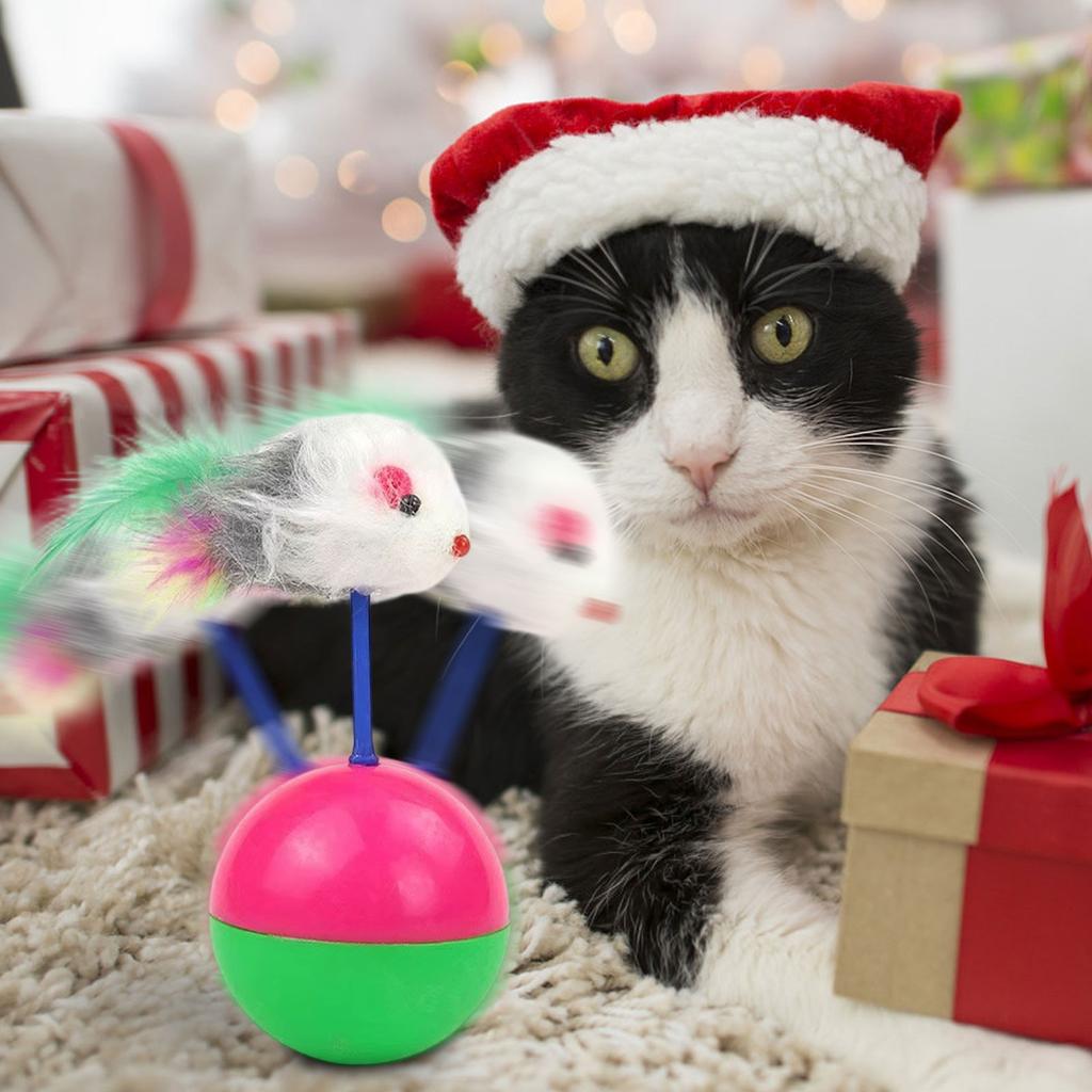 Cat Mouse Teaser Toy, Furry Tumbler Mouse Cat Toy Interactive Cat Stick, Cat Anti-Boring Feather Mouse Toy Interactive For Indoor