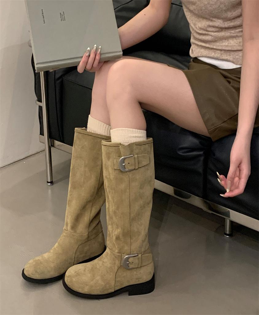 2025 new versatile fashion boots women's retro suede splicing round head knight boots belt buckle thick heel boots