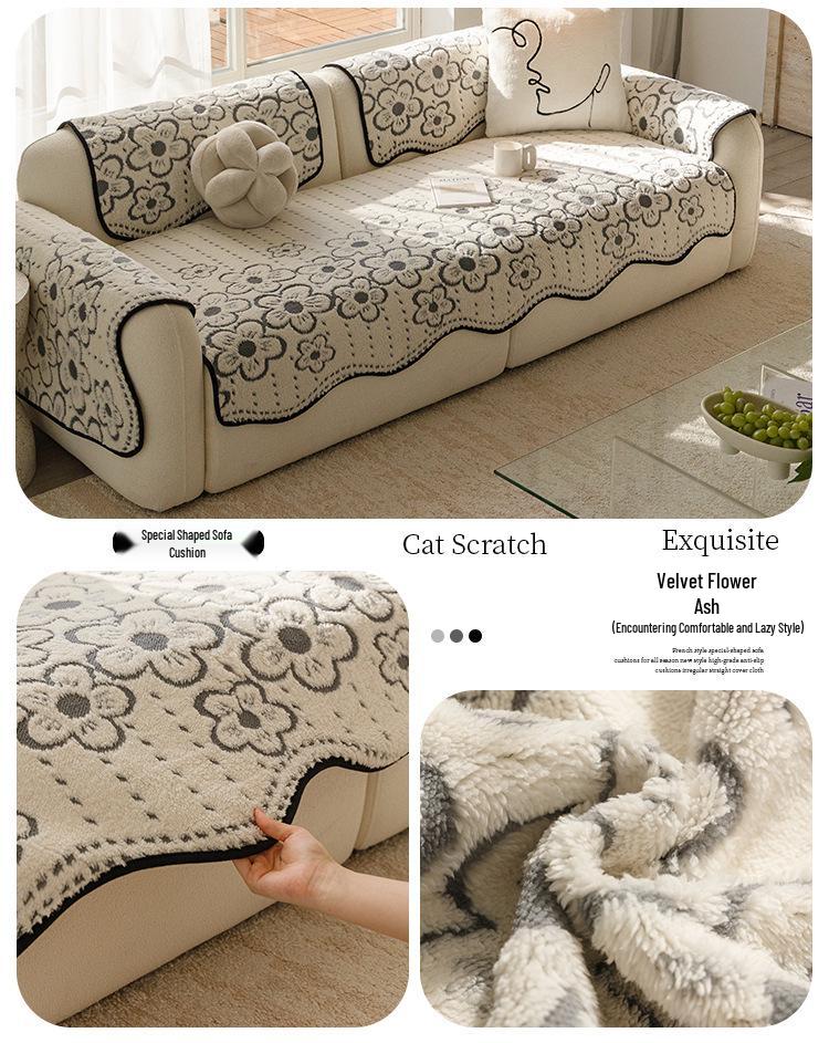 Shu Cotton Velvet Floral Jacquard Non-Slip Sofa Cushion, Thick Cream Style Cover for Autumn/Winter 2025