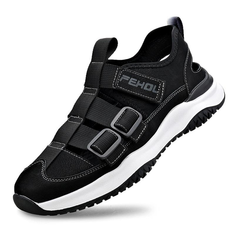 Men s Genuine Leather Breathable Velcro Slip-on Summer Sandals - Trendy, Sporty, Casual, and Versatile Hollowed-out Shoes. 40