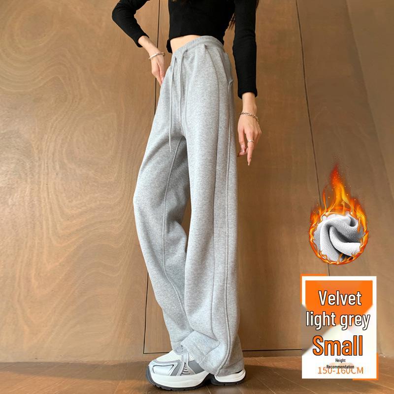 Pantaloni de trening largi cu fleece pentru femei - Toamnă/Iarnă 2024, Îngroșați, Largi, Subțiază, Picior drept, Îmbrăcăminte sport casual