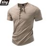 Heren T-shirt met korte mouwen en Henley-kraag, 7 knopen, ronde hals, slim fit, gemêleerd katoen, casual basic top