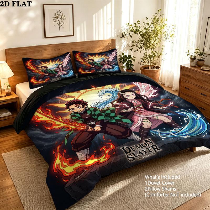 Set Copripiumino Trapuntato con Fantasia Demon Slayer Federa Cuscino Regalo di Compleanno per la Casa(1 * copripiumino + 2 * federa, senza nucleo)