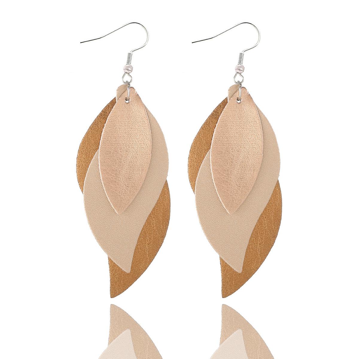 Solid Color Three Layer Leaf PU Leather Earrings Women Fashion Ear Studs