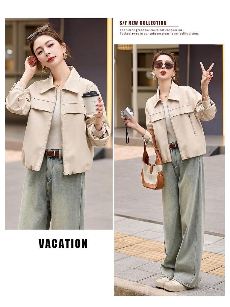 Women's Fashion Lapel PU Leather Jacket - Spring 2025 Collection, Short Coat