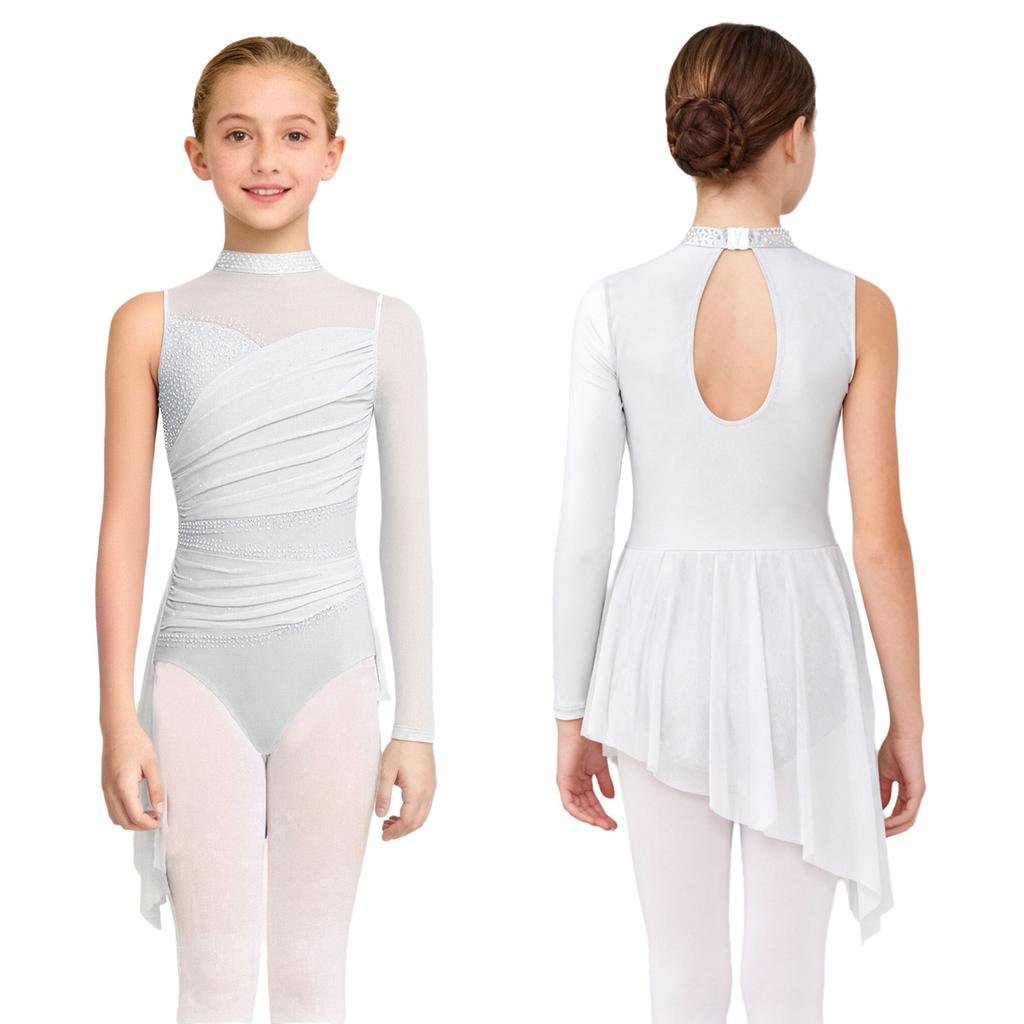 Vestido de Dança Lírica para Meninas Fantasia de Patinação Artística Strass Brilhantes Saia com Sobreposição de Malha Franzida Collant com Saia para Apresentação