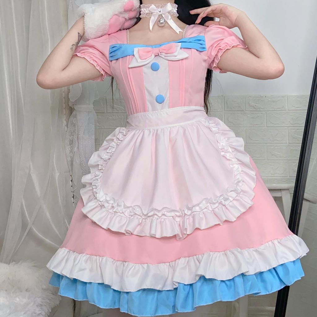 Café Style Cute Lolita Maid Outfit - Pink & Blue Bow Dress for Women