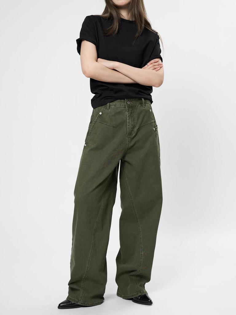 Louvre Spring Retro Low-Waist Loose-Fit Slim Green Women's Overalls