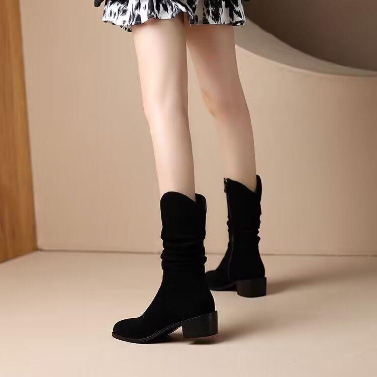 Women's 2025 French Retro Pointed Toe Mid-Calf Boots - Autumn/Winter Soft Suede Leather, Chunky Heel, Non-Slip