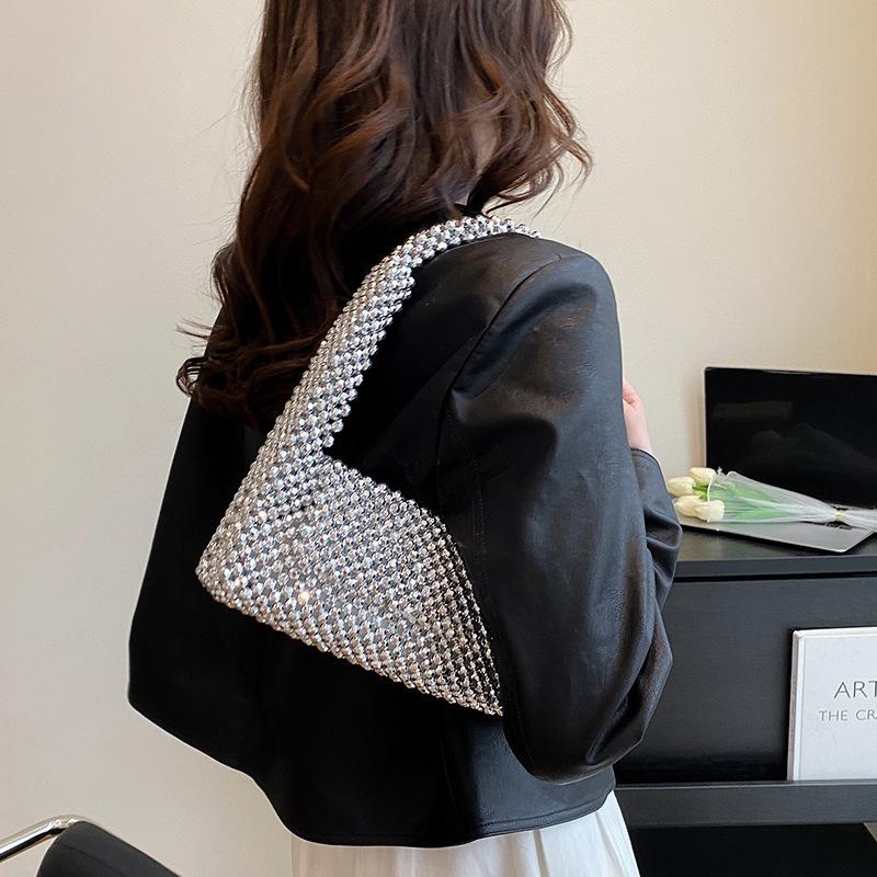 Underarm Bag Women Retro Plastic Shiny Hand-woven Beaded Pearl Sequin Totes New Shoulder Bag Armpit Evening Bag Cover Handbags