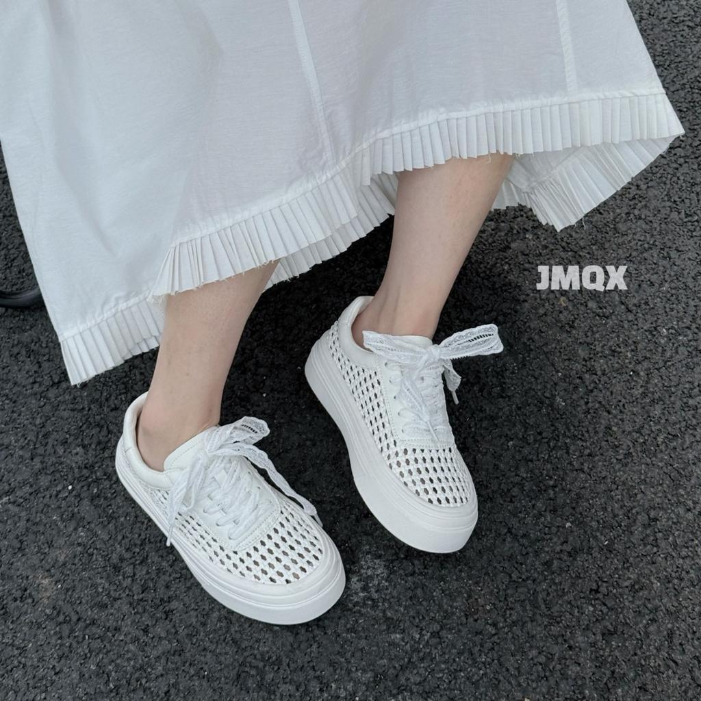 2025 summer new woven hollow through mesh platform casual board shoes women's shoes lace-up sports shoes versatile breathable tide