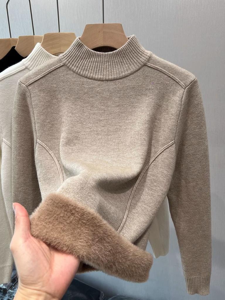 Vintage Fleece Thickened Turtleneck Sweater Women's Autumn Winter Solid Design Fashion Warmth Integrated Velvet Inner Pullover Base Tops