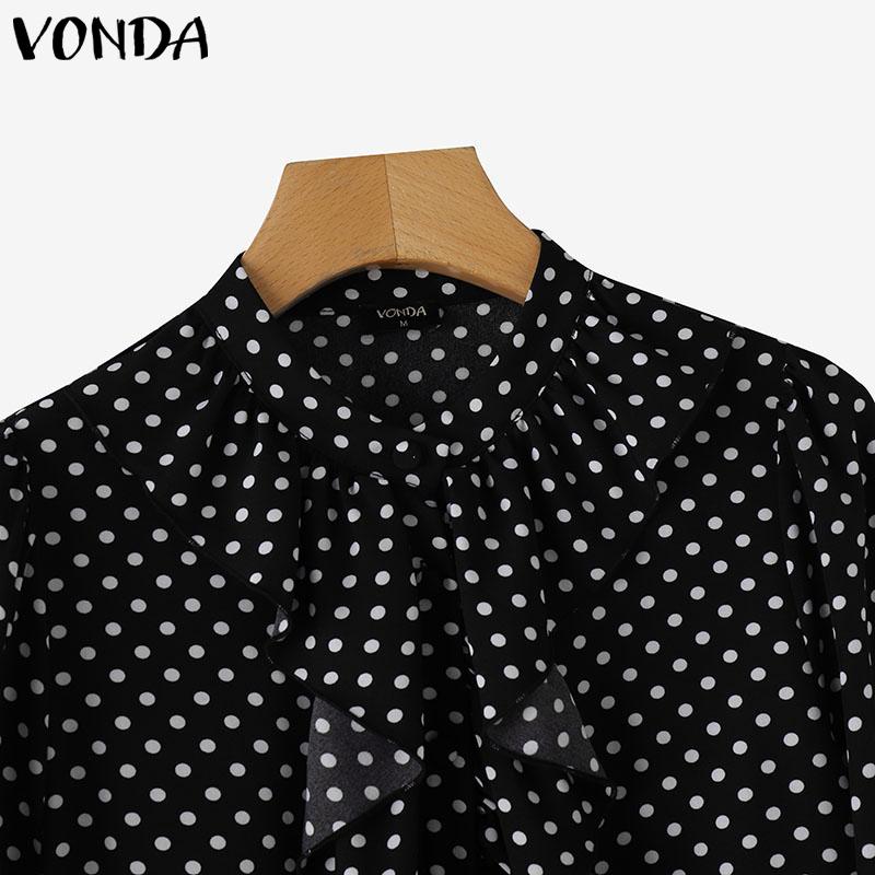 VONDA Women Fashion Ruffle Stand Collar Long Sleeve Polka Dot Shirts