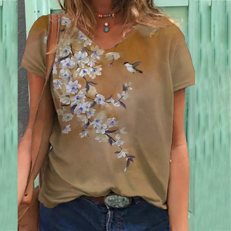 Printed T-shirt V-neck Printed Women's Short Sleeved T-shirt Top