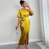 Women'S Summer New Elegant V-Neck Short-Sleeve High-Waisted One-Piece Slit Dress Long