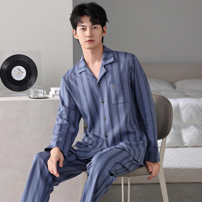 Pure Cotton Pajamas Men'S Spring And Autumn Long-Sleeved Cotton Autumn And Winter Thin Large-Size Loungewear Set