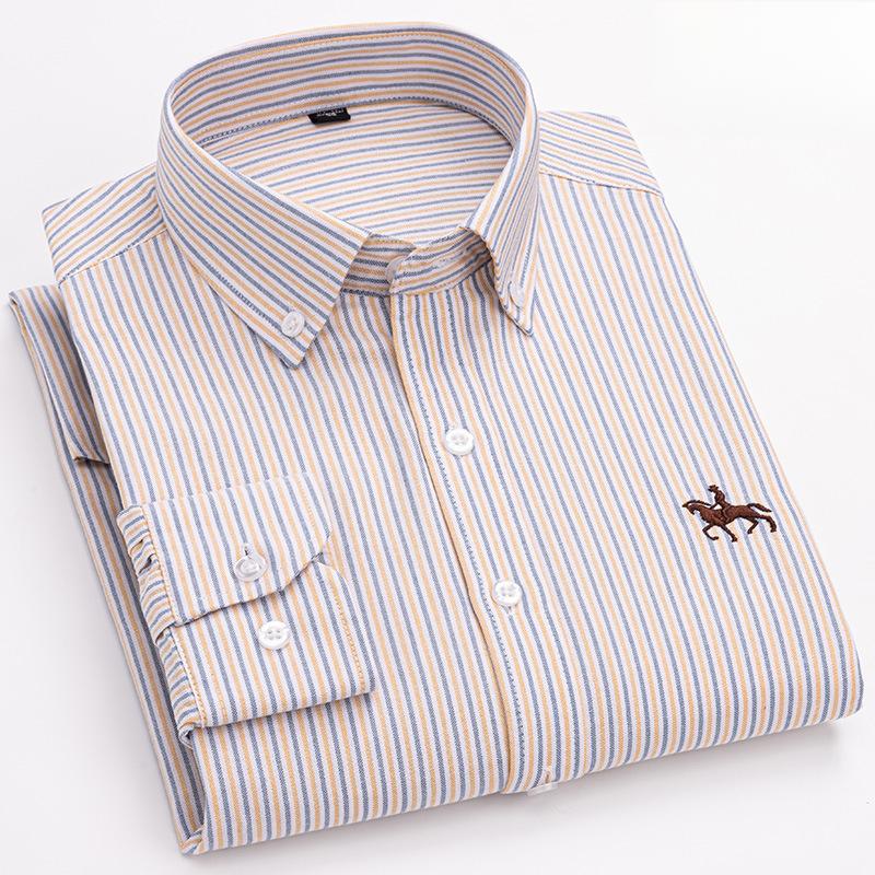 Kariertes Lässiges Baumwoll-Herrenhemd Slim Fit Mit Pferde-Logo Oxford-Stoff Langärmeliges Gestreiftes Hemd Für Herren