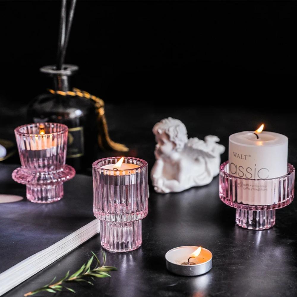 3Pcs Double Sided Vintage Ribbed Taper Glass Candle Holders for Table Centerpieces, Wedding Decorations Dinner Parties