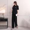 Embroidery Top Sleeved Wrinkle Short Straight Wide Leg Long Pants Set Woman Causal 2 Pieces Pajamas Home Wear Loungewear