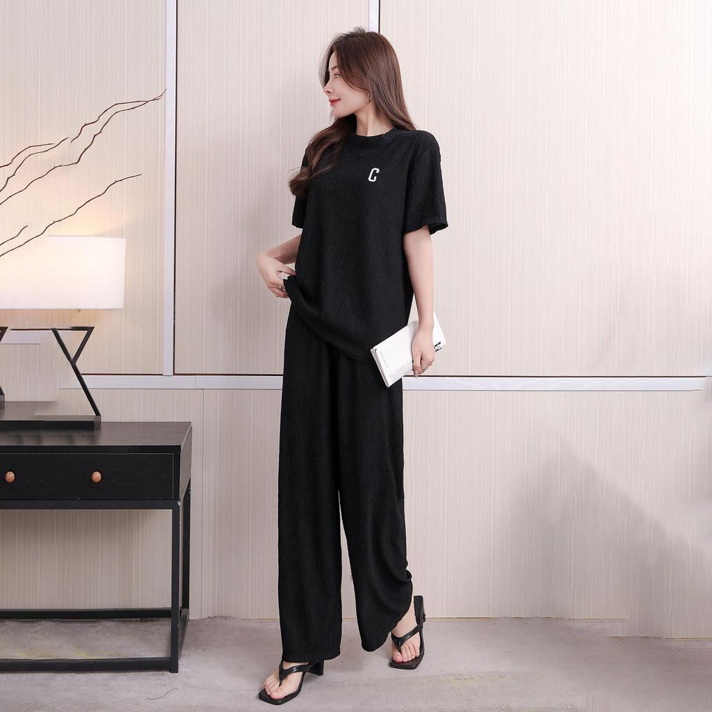 Embroidery Top Sleeved Wrinkle Short Straight Wide Leg Long Pants Set Woman Causal 2 Pieces Pajamas Home Wear Loungewear