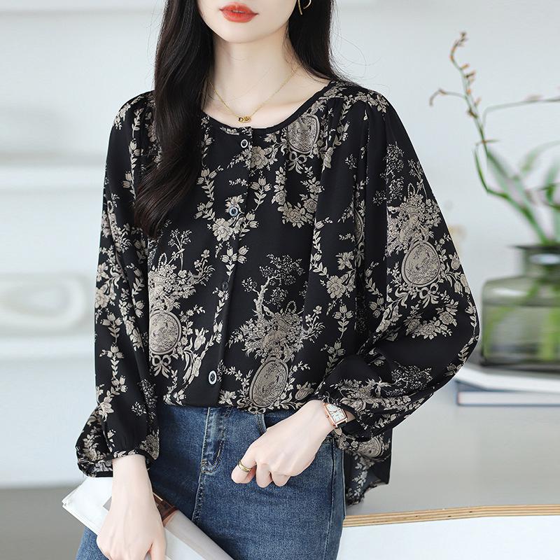 Chiffon-Shirt mit Blumenmuster für Damen, langärmelig, lockere Passform, schlankmachendes, bauchbedeckendes Anti-Aging-Top für Damen