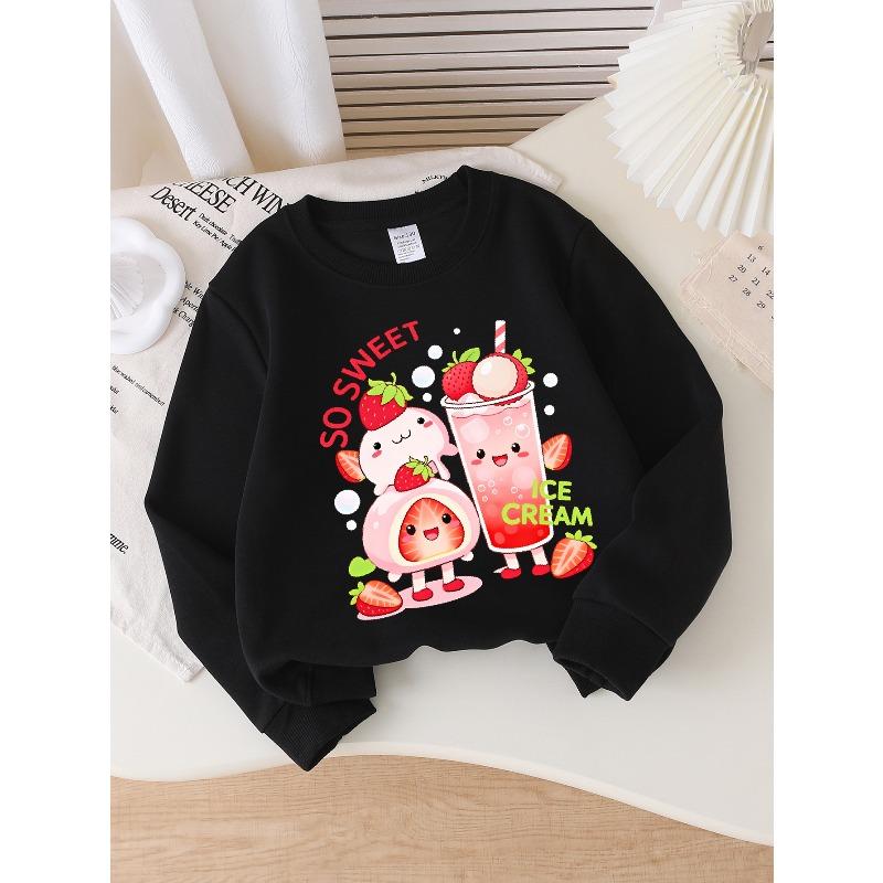 European Sizes Girls Soft Crewneck Sweatshirt Sweet Strawberry Ice Cream Cartoon Print, Casual All-Match, Ideal Holiday Present