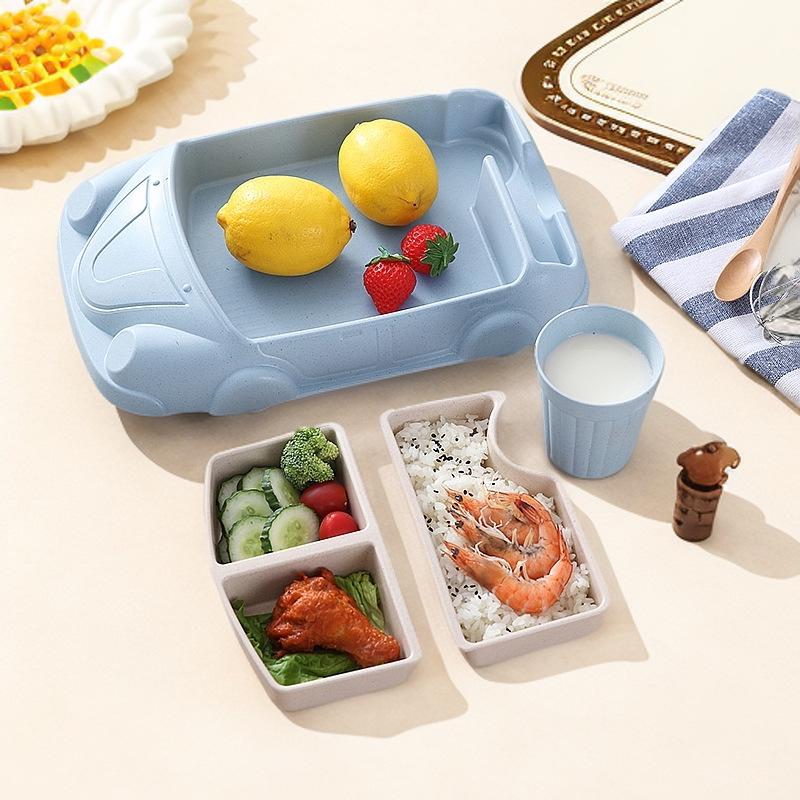 Car-Shaped Bamboo Fiber Children's Plate with Three Compartments & Water Cup - Durable, Anti-Fall Design for Baby Meals