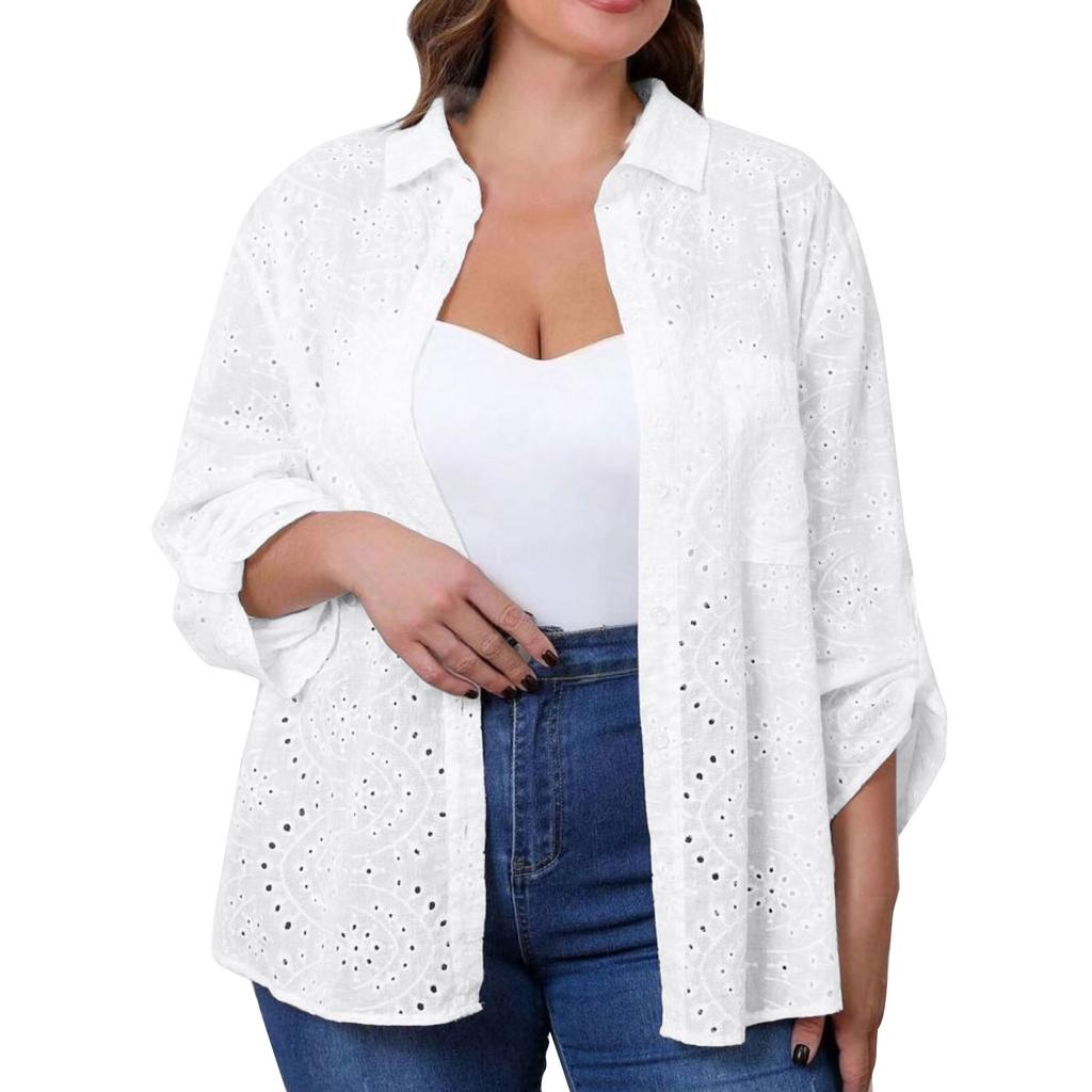 Women's Casual Loose  Shirt Collar Embroidered Hollowed Out Shirt Top