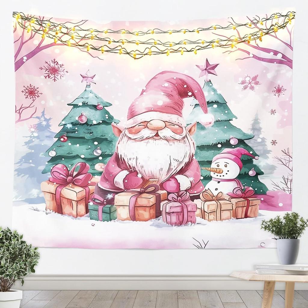 Pink Christmas Tapestry Santa Claus Wall Art for Living Room Bedroom Cute Snowflake Wall Hanging Blanket Merry Christmas Treeand