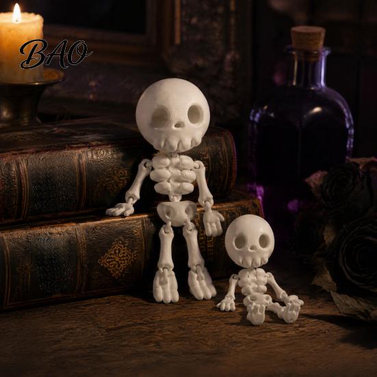 White Metallic Decor 3D Printed Cute Skeleton Figurine, Articulated Halloween Decor, Skull Ornaments Set Ornament with Movable Joints for Desktop Home