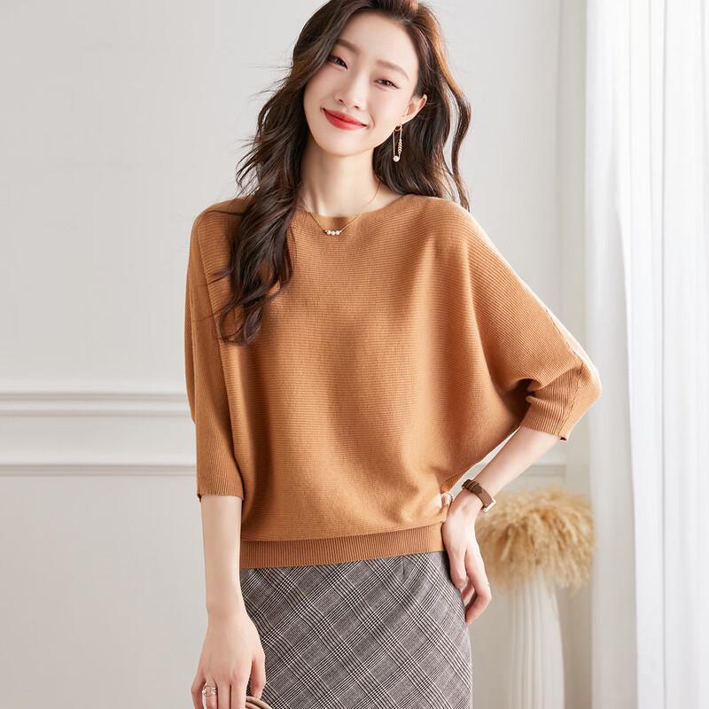 Pull en maille de laine à col rond, coupe ample et manches mi-longues pour femme Srcr