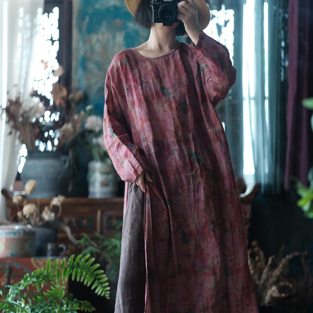 Johnature Women Vintage Print Floral Dresses O-Neck Long Sleeve Autumn Fall High Quality Women Loose Dress